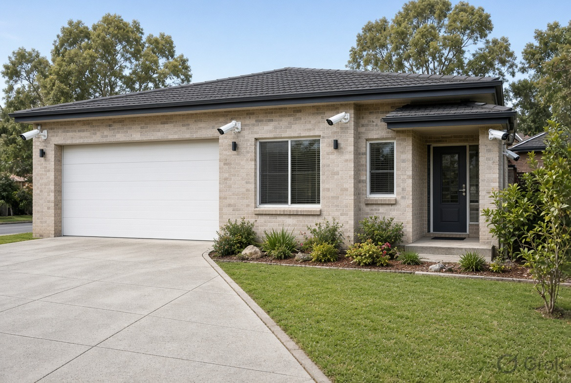 Residential brick home with multiple CCTV cameras installed